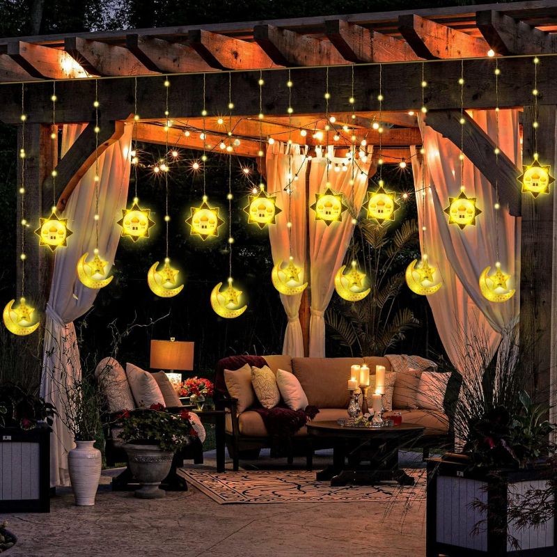 Photo 1 of 148 LED 10Ft Twinkle Star Moon Curtain Lights Ramadan Decorations Lights, 8 Modes Plug Powered Window Curtain Fairy String Lights, Christmas Wedding Party Ramadan Eid Decoration for Home, Warm White