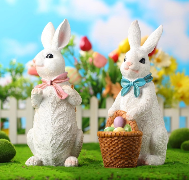 Photo 1 of 2 Pcs 12 Inch Large Easter Bunny Figurines Resin Rabbits with Egg Spring Eater Decoration Easter Eggs Tabletop Ornaments Indoor and Outdoor Home Decor and for Garden Home Farmhouse(White)