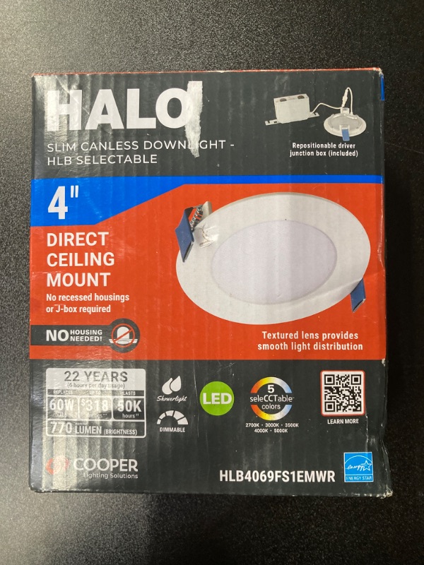 Photo 2 of **PARTS ONLY**HALO 4 inch Recessed LED Ceiling & Shower Disc Light – Canless Ultra Thin Downlight – 2700K/3000K/3500K/4000K/5000K Selectable- White 5 CCT 4 inch - 1 Pack HLB