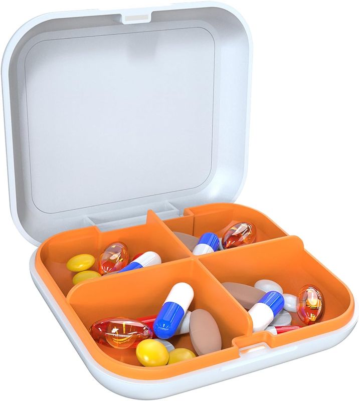 Photo 1 of Pill Box Portable Pill Dispensing Box, Travel Portable Pill Box, 4-Compartment Daily Portable Pill Organizer, Suitable for Vitamins, Medicines, Fish Oil (White+Orange) 3 PACK