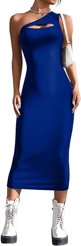 Photo 1 of Ekaliy Women's Summer One Shoulder Long Formal Dresses Cutout Sleeveless Ruched Bodycon Elegant Party Maxi Dress
