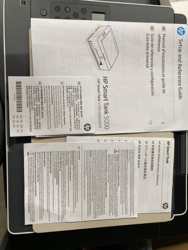 Photo 2 of (((( SEE PHOTOS))))   HP Smart Tank 5000 Wireless All-in-One Ink Tank Printer with up to 2 years of ink included, mobile print, scan, copy, white, 17.11 x 14.23 x 6.19