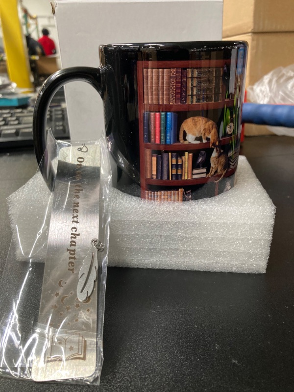 Photo 1 of Library Bookshelf Mug Book Lovers Coffee Mug Library Mug for Cat and Book Lover Book Coffee Mug Book Mug Bookworm Mug Book Club Cup - Gifts for Readers Bookish Black Mug 11Oz With Keychain