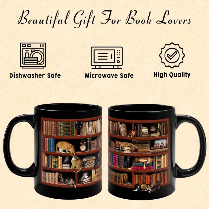 Photo 1 of Library Bookshelf Mug Book Lovers Coffee Mug Library Mug for Cat and Book Lover Book Coffee Mug Book Mug Bookworm Mug Book Club Cup - Gifts for Readers Bookish Black Mug 11Oz With Keychain