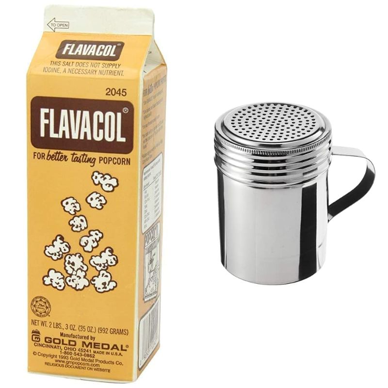 Photo 1 of 35oz Carton of Flavacol with 10oz Stainless Steel Shaker