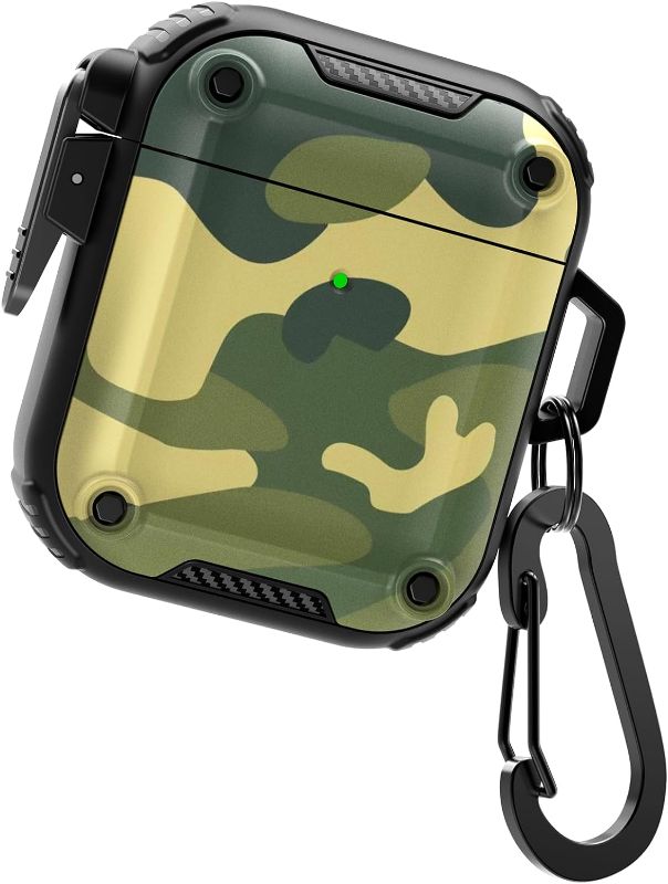 Photo 1 of DASFOND Camouflage Earphone Cover Airpods 1st&2nd Generation Case, Soft TPU Shockproof Full Body Protective Case, Support Wireless Charging with Keychain, One Button Switch, Front LED Visible, Green