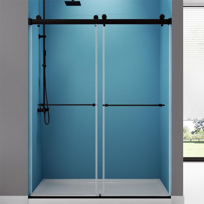 Photo 1 of 44" -48 "W x 75" H Frameless Shower Door, Double Sliding Shower Door?Bathroom Sliding Shower Door, SGCC Certified Tempered Glass Door with Explosion (RB-DS4875-02 Black)

