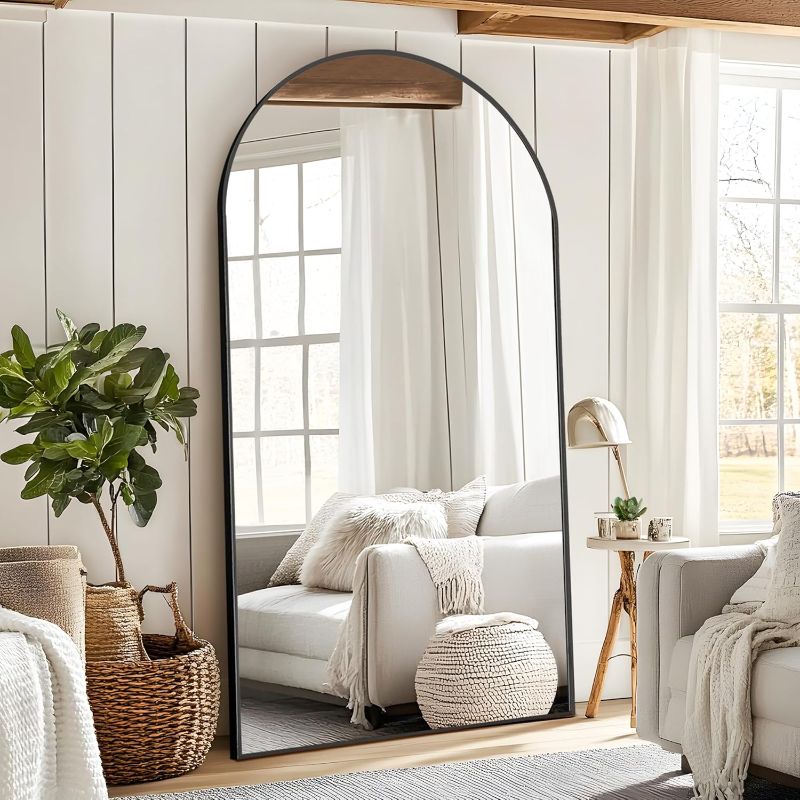 Photo 1 of 76"x35" Arched Full Length Mirror with Stand, Black Mirror Large Full Length Aluminum Alloy Thin Frame Full Body Mirror, Free Standing, Hang or Lean Against Wall
