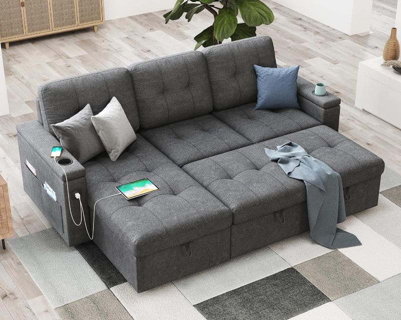 Photo 1 of AMERLIFE 84 Inch Pull Out Couch Bed, Sofa Bed with Storage Chaise, L Shaped Sleeper Sofa with 2 USB Sockets & Cup Holders- Dark Grey
