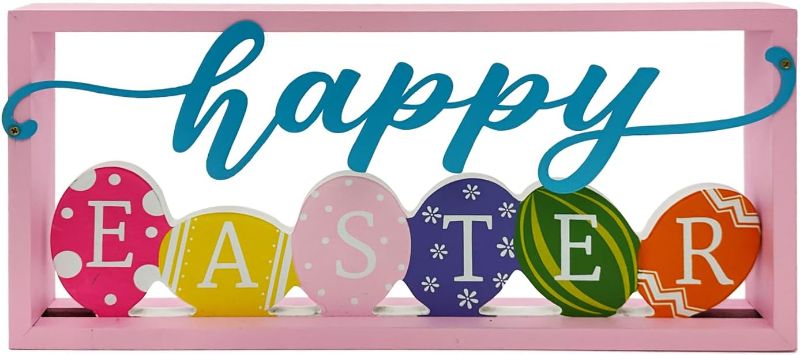 Photo 1 of 
Happy Easter Decorations Colorful Easter Eggs Table Sign Wooden Tabletop Farmhouse Rustic Bunny Rabbit Table Decor for Home Tiered Tray