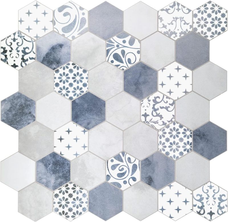 Photo 1 of The Tiles Plaza Backsplash Tile for Kitchen Peel and Stick, Hexagon Stick on Tile, Cement Vintage self-Adhesive Wall Tile, Grey and Blue 10 Sheets