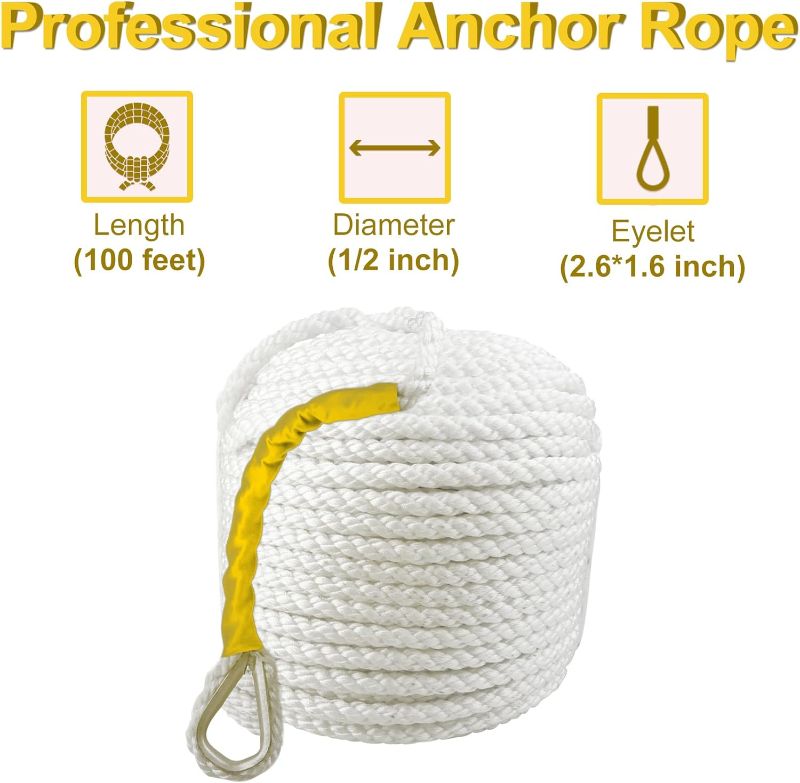 Photo 1 of Bang4buck Three Strand Polypropylene Anchor Rope 1/2 inch 100 Feet Twisted Dockline for Boat/Sailboat/Sled Line with Thimble and 5850LB Breaking Strain (1/2