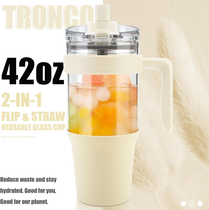 Photo 1 of Tronco 40 oz Glass Tumbler with Straw and Lid, Leak-proof Flip Straw, Reusable Glass Tumbler with Handle, Iced Coffee Cup with Plastic Lid, Glass Water Bottles Fit in Cup Holder,Smoothie Cup Boba Cup