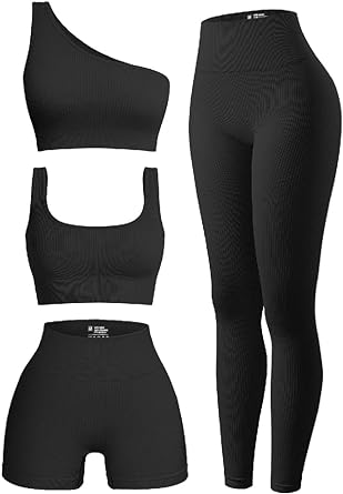 Photo 1 of OQQ Women's 4 Piece Outfits Ribbed Exercise Scoop Neck Sports Bra One Shoulder Tops High Waist Shorts Leggings Active Set
LARGE