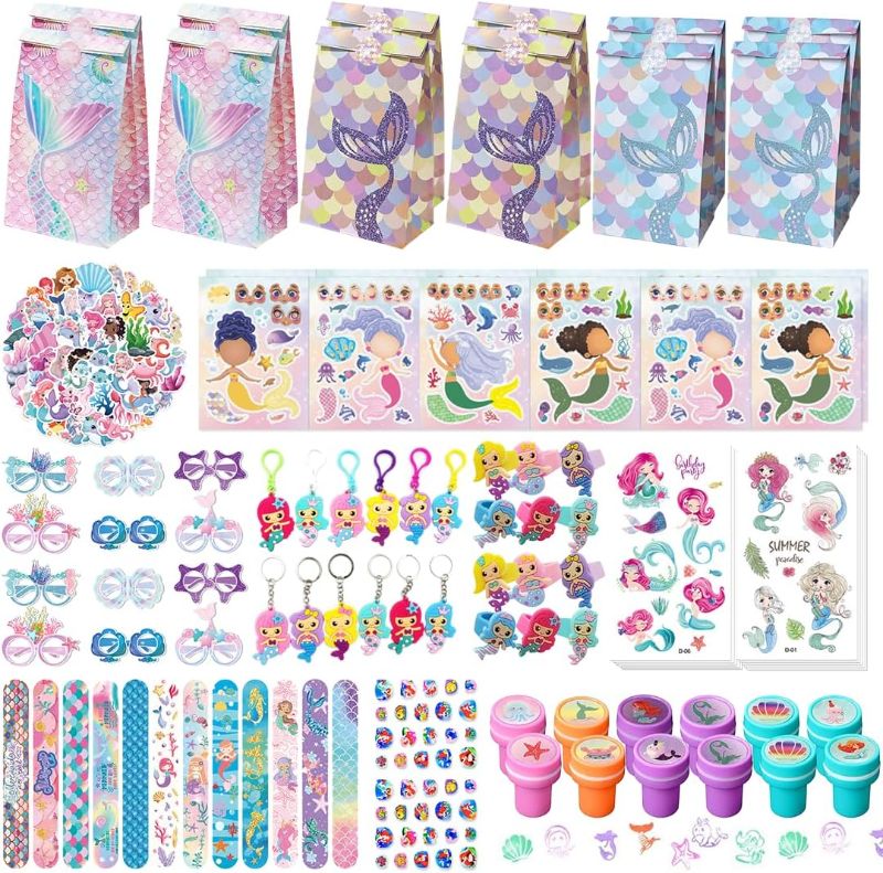 Photo 1 of 146pcs Mermaid Party Favors, Mermaid Birthday Party Supplies, Party Supplies Include Keychains, Face Stickers, Marine Glasses, Nail Stickers, Rings and Other Party Favors for Boys and Girls
