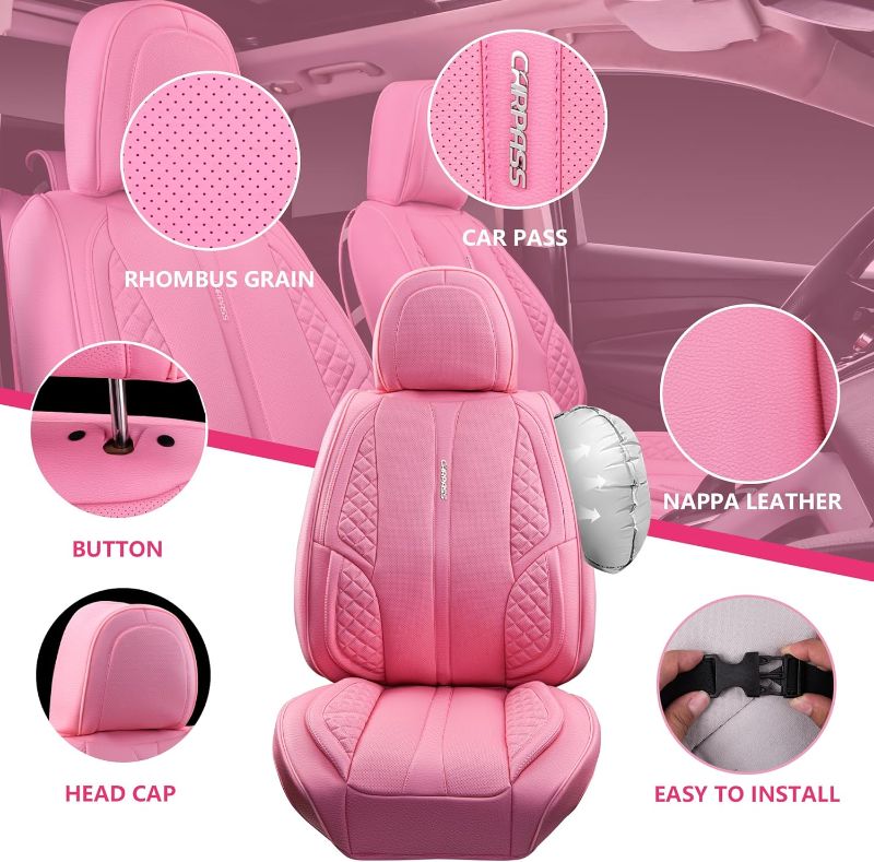 Photo 1 of CAR PASS Barbie Pink Nappa Waterproof Leather Car Seat Covers Two Front Seat only Cushion Breathable Protector Universal Fit for Car Sedan SUV Pickup Truck,Front Seat Cover (Pink) all pink Two Front Set