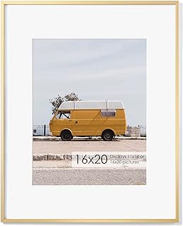 Photo 1 of 16x20 Metal Picture Frame with 11x14 Mat, Brushed Aluminum Finish, Tempered Glass Front, and Attached Hanging Hardware(Gold, Pack of 1)