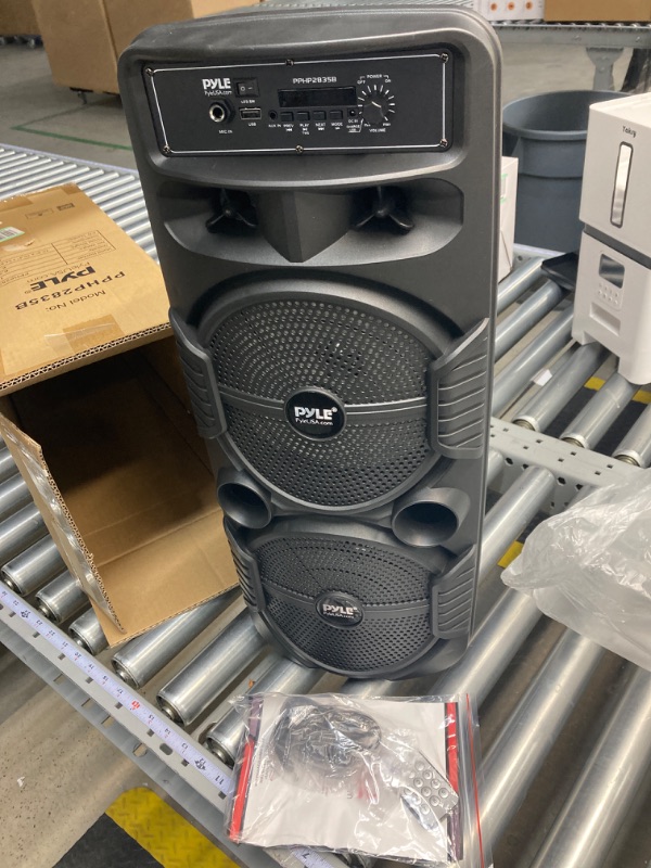 Photo 2 of Pyle Portable Bluetooth PA Speaker System - 600W Rechargeable Outdoor Bluetooth Speaker Portable PA System w/ Dual 8” Subwoofer 1” Tweeter, Microphone In, Party Lights, USB, Radio, Remote - PPHP2835B