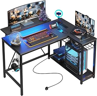 Photo 2 of Bestier Small L Shaped Gaming Desk with Power Outlets,42 inch LED Computer Desk with Monitor Stand Reversible Storage Shelves Corner Gamer Desk with Headset Hooks USB Charging Port,Carbon Fiber Black