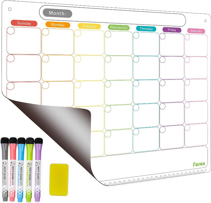 Photo 1 of Dry Erase Calendar Kit- Magnetic Calendar for Refrigerator - Monthly Fridge Calendar Whiteboard with Extra-Thick Magnet Included Fine Point Marker & Eraser & Holes for Wall Hanging 1 Monthly