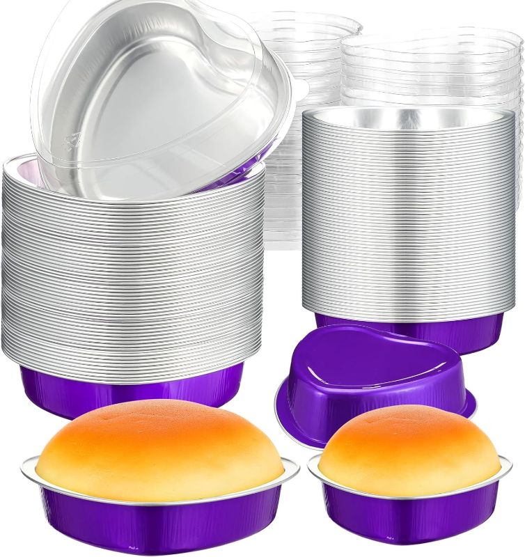 Photo 1 of 100 Pcs Valentine's Day Mini Heart Shaped Cake Pans 3.4 oz 9 oz Baking Cups Mini Cake Pans with Lids Mini Heart Cake Pan Mini Flan Molds for Baking for Wedding Birthday Party (Purple)