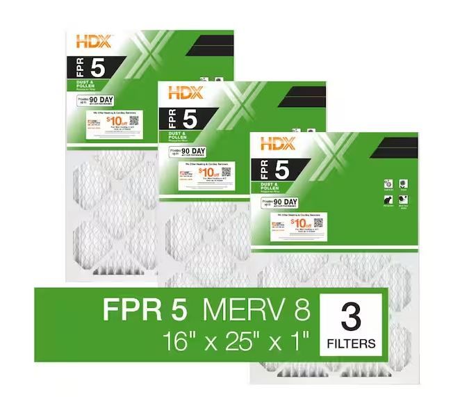 Photo 1 of 16 in. x 25 in. x 1 in. Standard Pleated Furnace Air Filter FPR 5, MERV 8 (3-Pack)