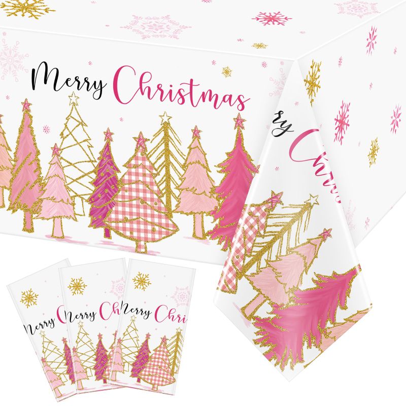 Photo 1 of 3 Pcs Pink Christmas Tree Plastic Table Covers Merry Christmas Tablecloth Winter Holiday Tablecloth Merry Christmas Table Cover for New Year Themed Party Decorations, 54 x 108 Inch PACK X 3 