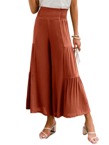 Photo 1 of GRACEVINES Women’s Summer Boho Floral Wide Leg Pants Elastic High Waist Loose Casual Beach Palazzo Pants with Belt Small Orange size S