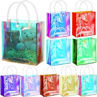 Photo 1 of 100 Pcs Clear Holographic Gift Bags with Handle Iridescent Reusable PVC Tote Bag Small Plastic Gift Wrap Bag for Valentines Day Wedding Shopping Birthday Party Favors 6.3 x 5.9 x 2.8 In