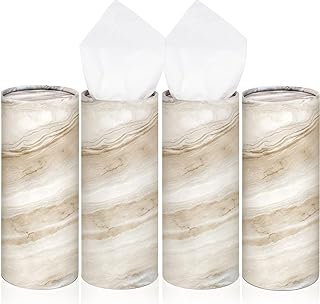 Photo 1 of ** Bundle x 2 *** 4 Pack Car Tissue Holder Marble Print Car Tissues Cylinder Round Tissue Boxes for Car Tissue Round Container for Car Cup Holder Christmas Home Bathroom Office Travel Gift Napkin (Brown)