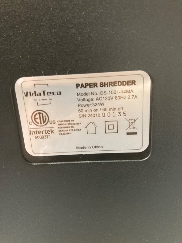 Photo 3 of Paper Shredder for Home Office,VidaTeco 14-Sheet 60-Mins Micro Cut Shredder with US Patented Blade,Shred Card/CD/Clip/Staple,Shredder for Home Use Heavy Duty,AUTO Jam Proof,5.3-Gallon Pullout Bin(ETL) P4 14 Sheet