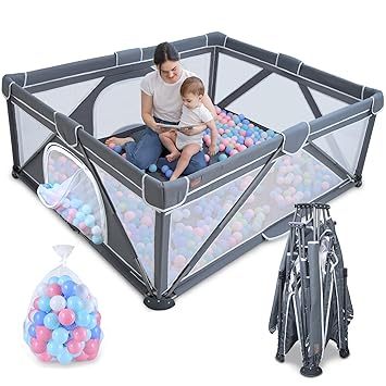 Photo 1 of Foldable Baby Playpen, Yobear Large Playpen for Babies and Toddlers with 50 PCS Ocean Balls & 2 Handles, Indoor & Outdoor Kids Safety Play Pen Area, Portable Travel Play Yard (59" × 59", Dark Grey)