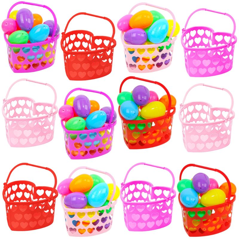 Photo 1 of *** Bundle x 6*** Zcaukya 12 Packs Easter Baskets, 7.1" x 7.9" x 4.3" Small Plastic Heart Shaped Basket with Handles, Heart Hollowed Baskets Holders for Romantic Party Wedding Part Decor Easter Egg Hunting Pink Red Magenta - 12 Packs