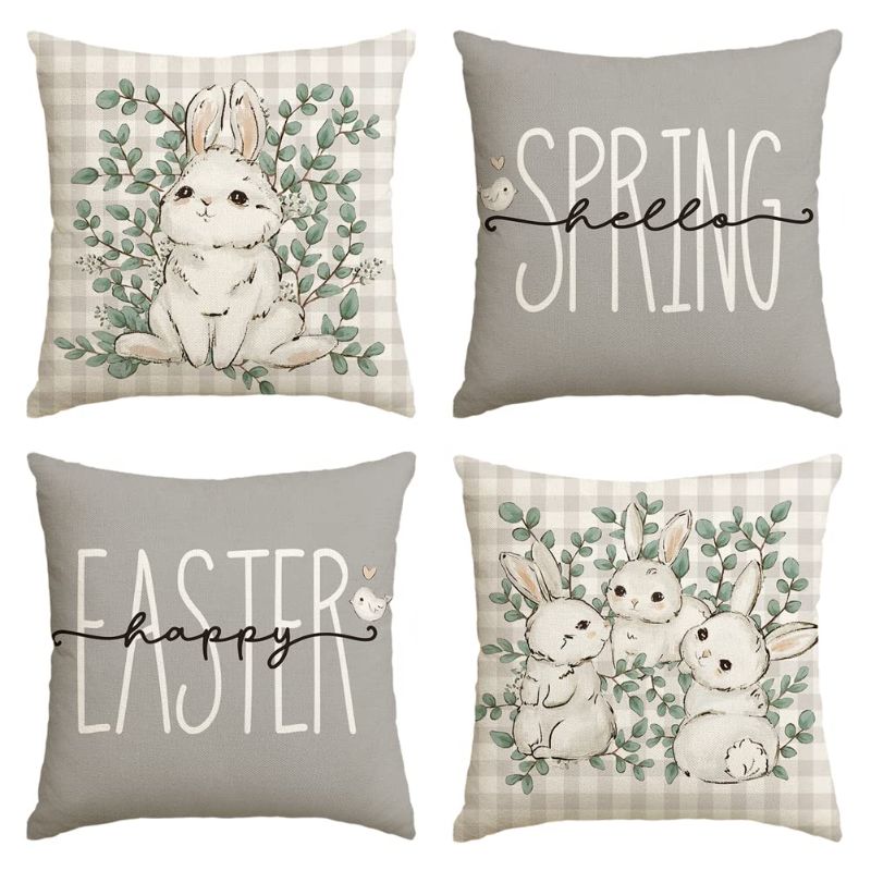 Photo 1 of *** BUNDLE X 2 *** AVOIN colorlife Happy Easter Buffalo Plaid Rabbit Gray Throw Pillow Cover, 16 x 16 Inch Eucalyptus Leaves Hello Spring Cushion Case Decoration for Sofa Couch Set of 4 Grey 16 x 16"