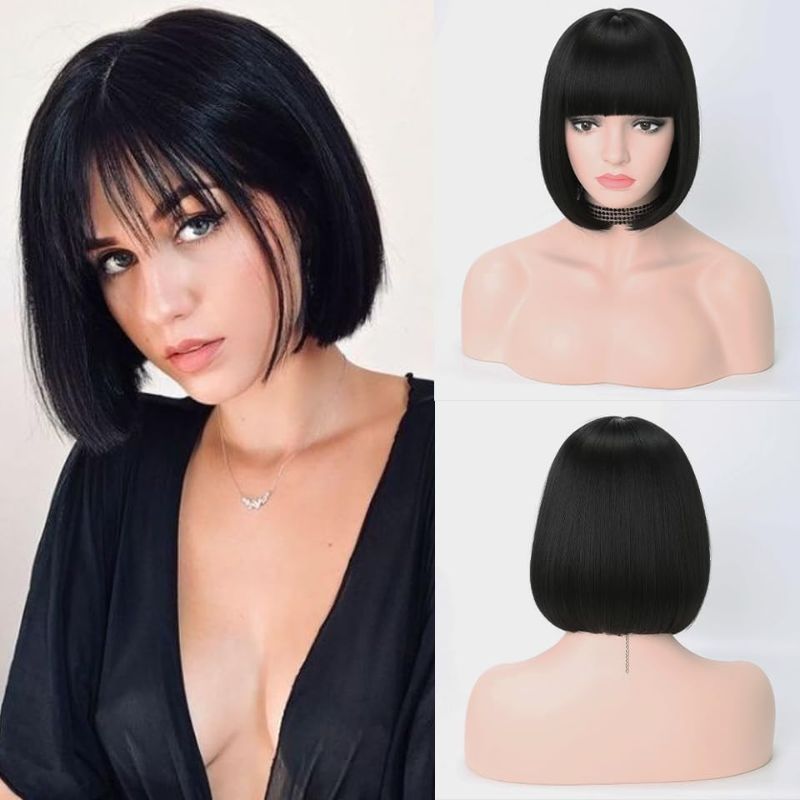 Photo 1 of *** BUNDLE X 2** Bob Wig 12'' Black Wig Short Wig with Bangs Synthetic Halloween Party Cosplay Wigs Average Size