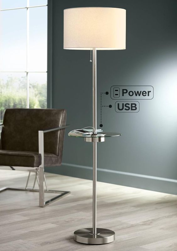 Photo 1 of 360 Lighting Caper Modern Floor Lamp with Tray USB and AC Power Outlet on Table Glass 60.5" Tall Satin Nickel White Fabric Drum Shade for Living Room Reading House Bedroom