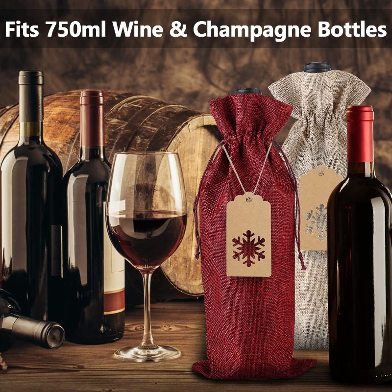 Photo 1 of  Wine Gift Bags, 20 Pcs Jute Drawstring Wine Bottle Covers with Ropes and Tags for Christmas, Wedding, Travel, Birthday, Holiday Party (20Pcs )
