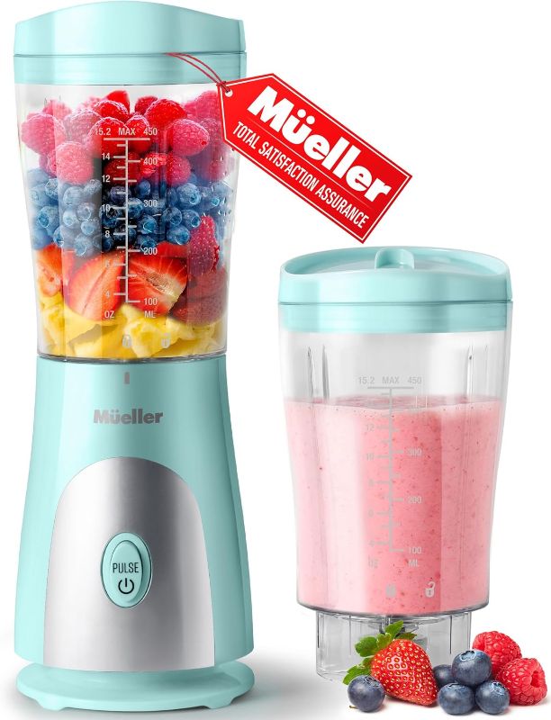 Photo 1 of Mueller Personal Blender for Shakes and Smoothies with 15 Oz Travel Cup and Lid, Juices, Baby Food, Heavy-Duty Portable Blender & Food Processor, Turquoise