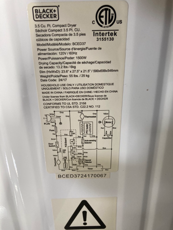 Photo 1 of BLACK+DECKER BCED37 Compact Dryer for Standard Wall Outlet, Small, 4 Modes, Load Volume 13.2 lbs., White