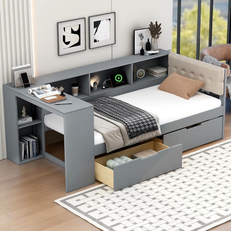 Photo 1 of ***PARTS ONLY***
Twin Size Daybed with Storage Drawers & Bookcase, Wood Corner Bed with Desk and USB Ports, Twin Corner Daybed with Bookshelf, Upholstered Headboard for Kids Teens Adults, CREAM