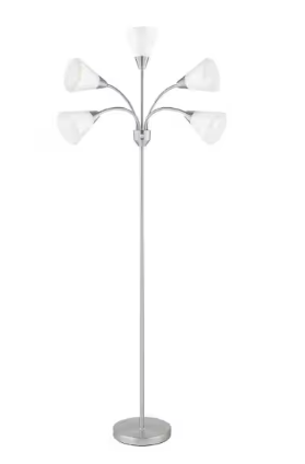 Photo 1 of 67 in. 5-Light Brushed Nickel Gooseneck Floor Lamp with White Acrylic Shades