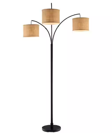 Photo 1 of 78 in. Antique Bronze 3 Arc Floor Lamp with Burlap Drum Shades