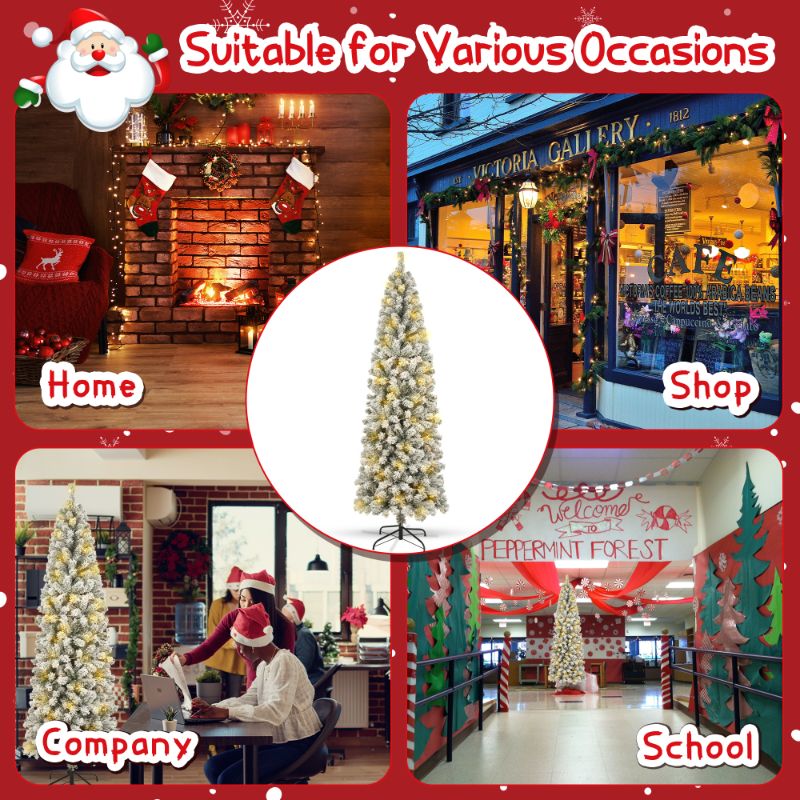 Photo 4 of 7ft Pre- Artificial Pencil Christmas Tree Snow Flocked Slim Skinny Xmas Tree Holiday Decoration with 900 Tips and 250 Warm Lights