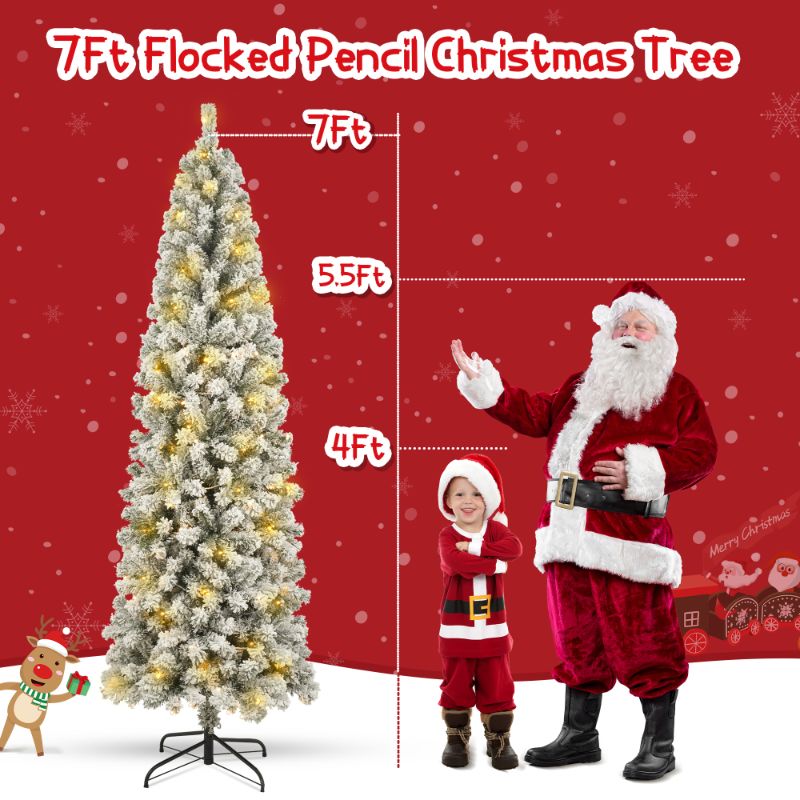 Photo 2 of 7ft Pre- Artificial Pencil Christmas Tree Snow Flocked Slim Skinny Xmas Tree Holiday Decoration with 900 Tips and 250 Warm Lights