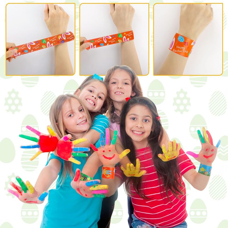 Photo 1 of Easter Party Favors Easter Slap Bracelets Rubber Wristbands Assorted Easter Egg Fillers Gifts for Kids Girls Boys Easter Basket Stuffers