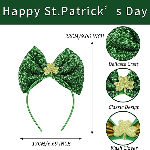 Photo 1 of St Patrick's Day Headband, 2Pcs Green Headbands Shinny Irish Shamrock Headband Clover Headpiece St Patrick's Day Costume Accessories for Women Girls Irish Festival Party Supplies