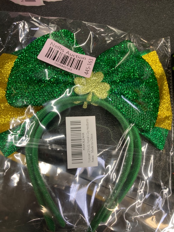 Photo 2 of St Patrick's Day Headband, 2Pcs Green Headbands Shinny Irish Shamrock Headband Clover Headpiece St Patrick's Day Costume Accessories for Women Girls Irish Festival Party Supplies