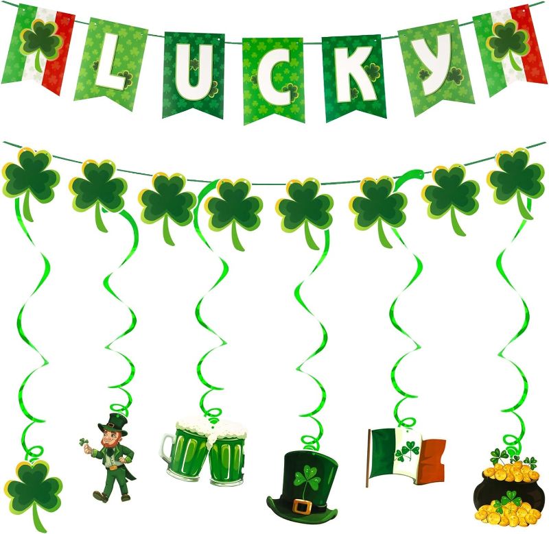 Photo 1 of  St Patricks Day Decorations, St Patrick's day decor Set Pre-assembled Shamrock LUCKY Banner Garlands Clover Hanging Swirls Irish Decor for Home Saint Patrick Party Supplies