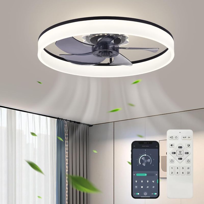 Photo 1 of 20'' Ceiling Fan with Light, 2024 Upgraded Low Profile Fan, Flush Mount Ceiling Fan, 6 Speeds, Dimmable LED, App & Remote Control, Quiet DC Motor, For Bedroom, Living Room, F116 Black
