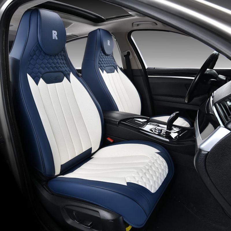 Photo 1 of Coverado Front Car Seat Covers, High Back Bucket Seat Covers 2 Pieces, Leather Seat Covers for Cars, Waterproof Car Seat Protector, Universal Auto Car Seat Cushion for Most Sedans Truck,White/Blue White & Blue Front